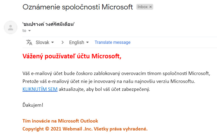 Podvodný e-mail pod menom Microsoftu.