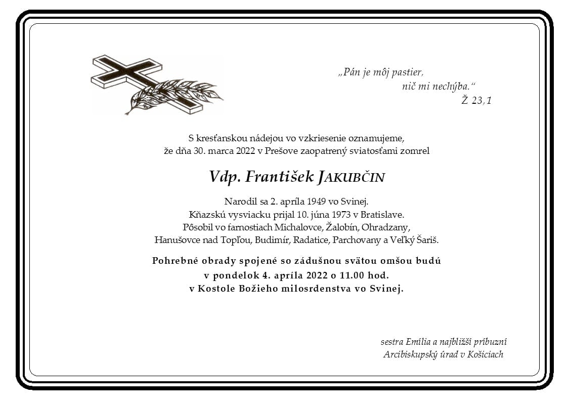 Zomrel významný kňaz František Jakubčin.
