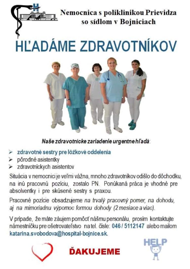 V Nemocnica s poliklinikou Prievidza so sídlom v Bojniciach hľadajú urgentne zdravotníkov. Foto: FB