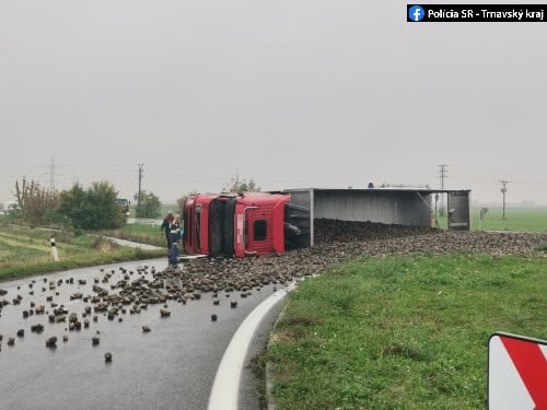 VODIČI, POZOR! Na ceste z Galanty na Šaľu sa prevrátilo nákladné auto s cukrovou repou